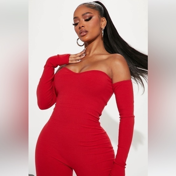 RED compressive off the shoulders jumpsuit long sleeves with thumbholes Size XL - Picture 1 of 12